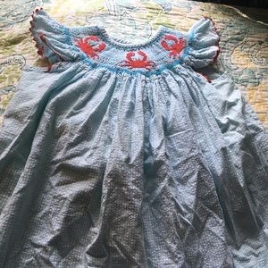 Shrimp & grits kids smocked dress,Red crab size 2T